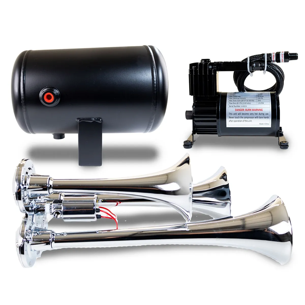 Pro Blaster™ Triple Horn Kit; Chrome; Includes Horns PN[130]/ 130 PSI Air Compressor PN[6270RC]/ 1.0 Gallon Air Tank PN[6270RT]; product image