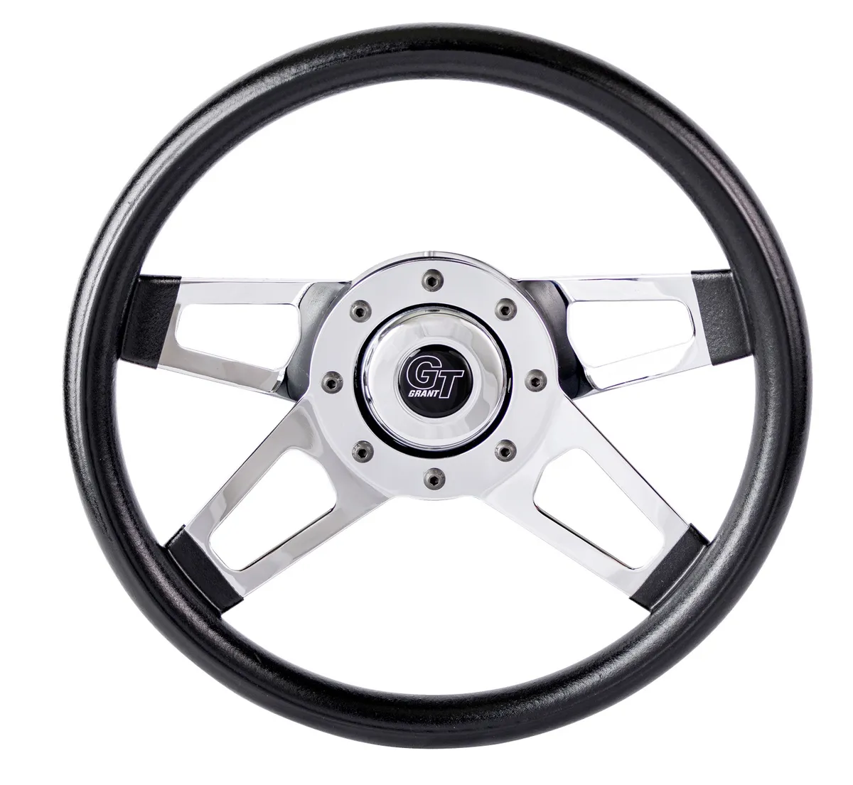 Grant Challenger Steering Wheel; 13 1/2 in. Diameter; 3 in. Dish; Black Cushion Grip; Brilliant Chrome Dual Plane Spokes;