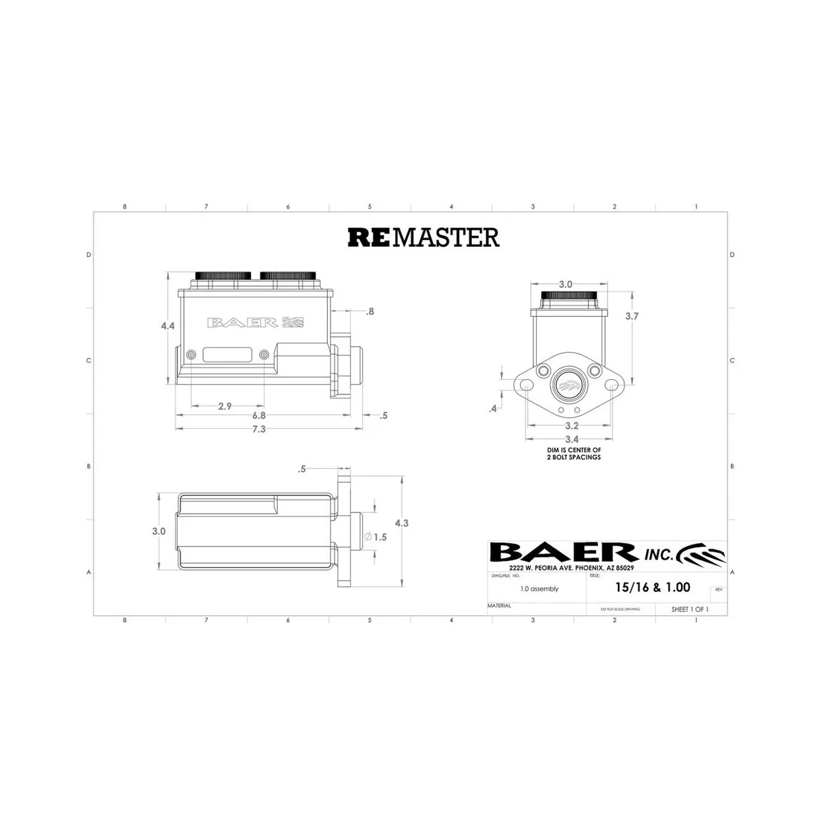 Remaster Master Cylinder 2-Bolt GM/Ford Black Anodized Finish Right Port 0.875 Inch (7/8 Inch) Bore Baer Brakes product image