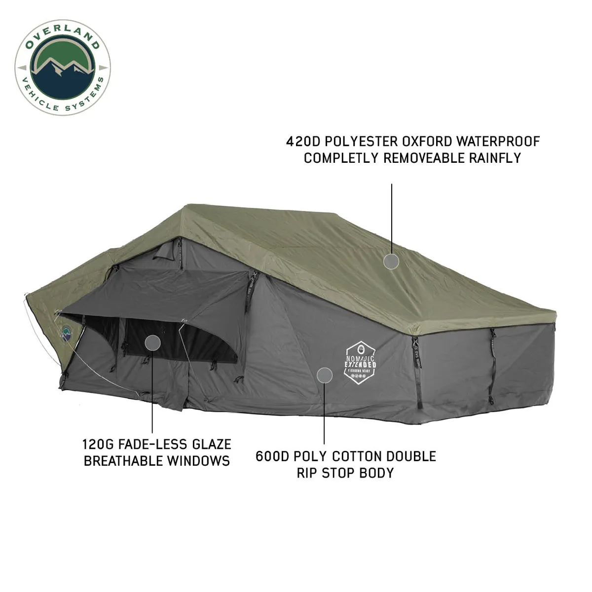 Overland Vehicle Systems Overland Vehicle Systems Nomadic 2 Extended Roof Top Tent, Gray Body Green Rainfly