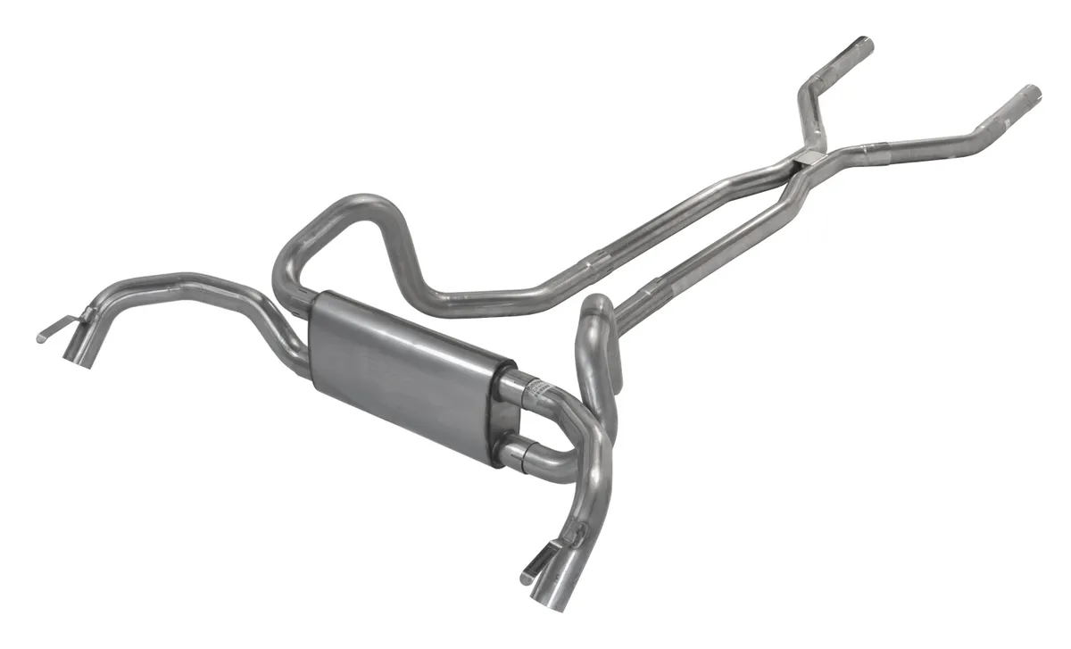 Crossmember Back Crossflow System w/H-Pipe Exhaust System 67-74 Split Rear Dual Exit 2.5 in Intermediate And Tail Pipe Race Pro Mufflers/Hardware Incl Tip Not Incl Natural 409 Stainless Steel Pypes Exhaust product image