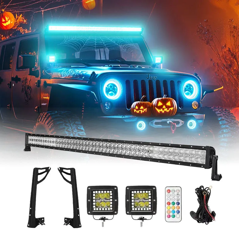 LED Factory Mart "52"" Rgbw Dual Row LED Light Bar & 2 RGB Pods & All Brackets For 2007-2018 Jeep Wrangler Jk"