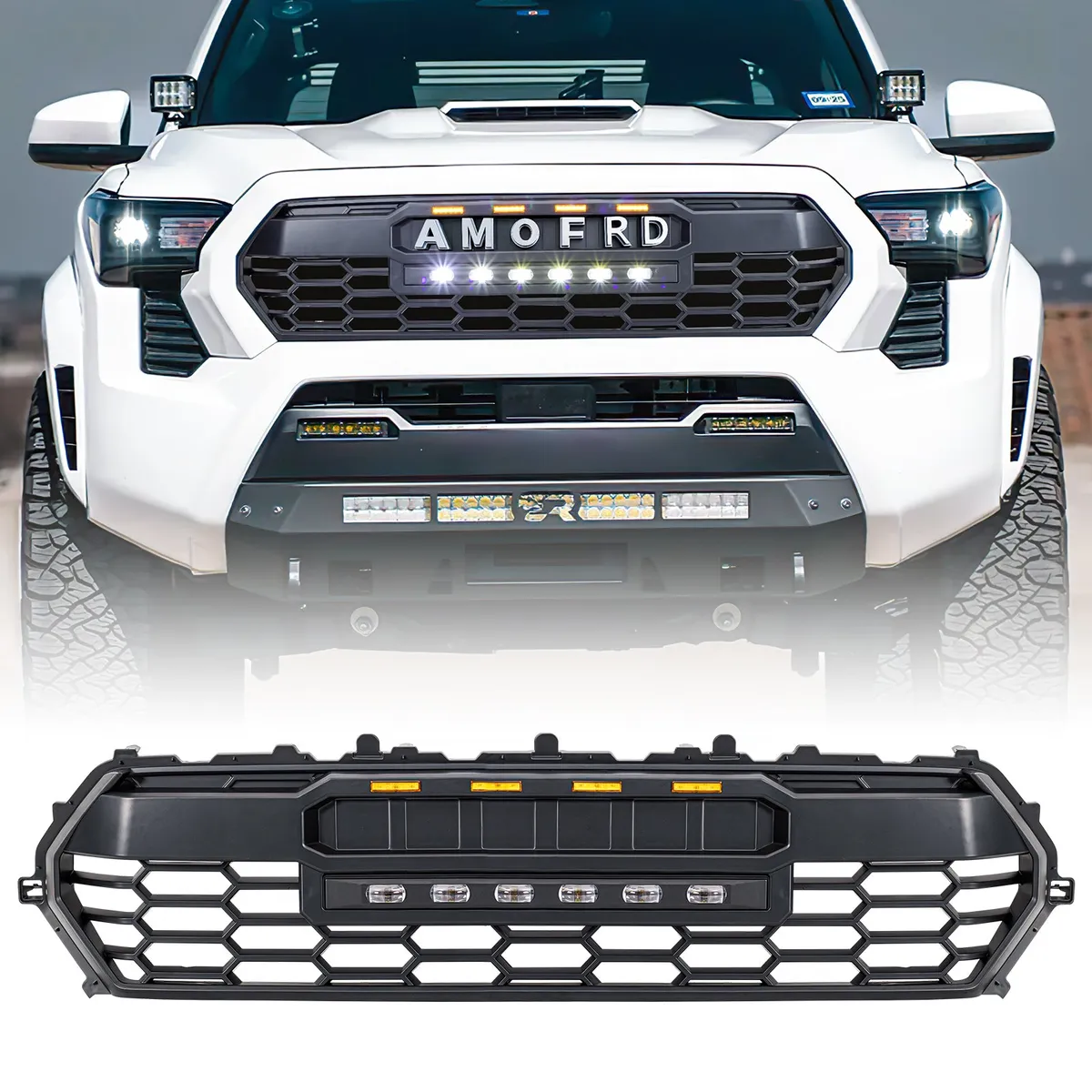 AMERICAN MODIFIED Trd Pro Style Front Grille w/ LED Off-Road Lights, Amber Lights And Diy Letters For 2024+ Toyota Tacoma- Matte Black | in Stock on Apr 30