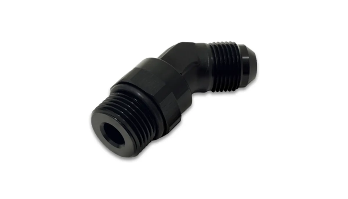 45 Degree Swivel Adapter Fitting; -8AN To -8AN ORB Size; 6061 Aluminum; Black Anodized; product image