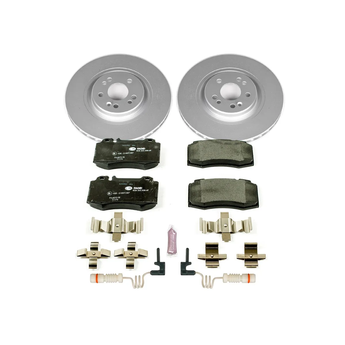 Euro-Stop Kit: Genuine Geomet Fully Coated Rotors; Ece-R90 Certified Pads W/Hardware; Pad Sensors product image