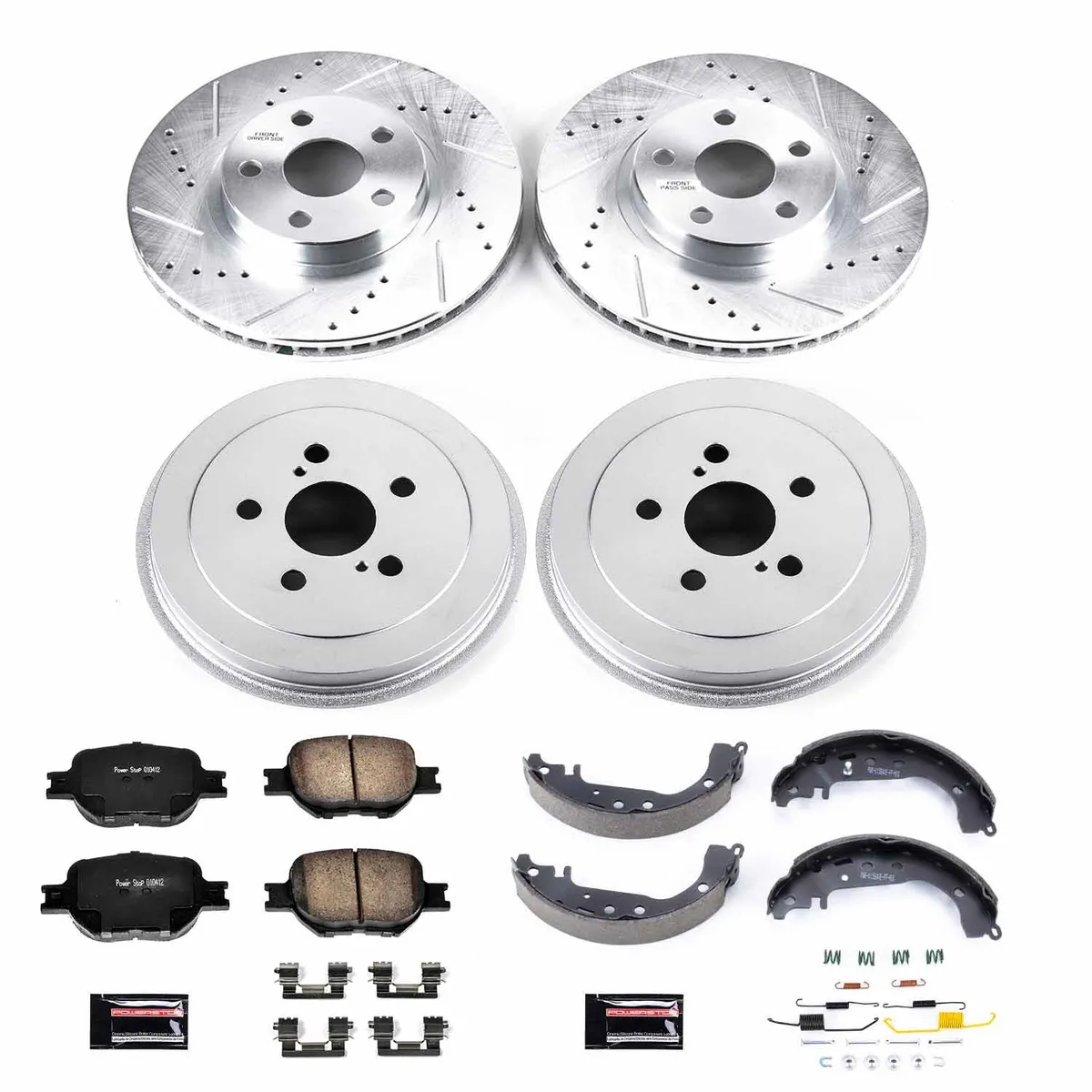 PowerStop Z23 Evolution Sport Upgrade Kit: Drilled/Slotted Rotors; Carbon-Fiber Ceramic Pads W/Hardware; Coated Drums; Shoes W/Hold Down Kit