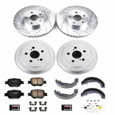 PowerStop Z23 Evolution Sport Upgrade Kit: Drilled/Slotted Rotors; Carbon-Fiber Ceramic Pads W/Hardware; Coated Drums; Shoes W/Hold Down Kit