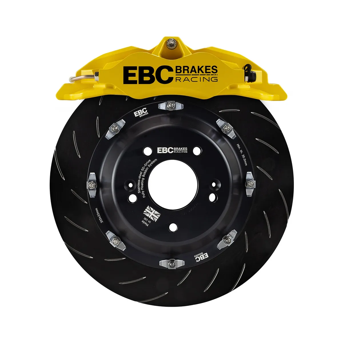 Apollo-6 Brake Caliper; Yellow Caliper; Front Right Leading Axle Position; Aluminum 2-pc. Bolted Body; 140 Bar Max Working Pressure; DP002 EBC Pad Shape; product image