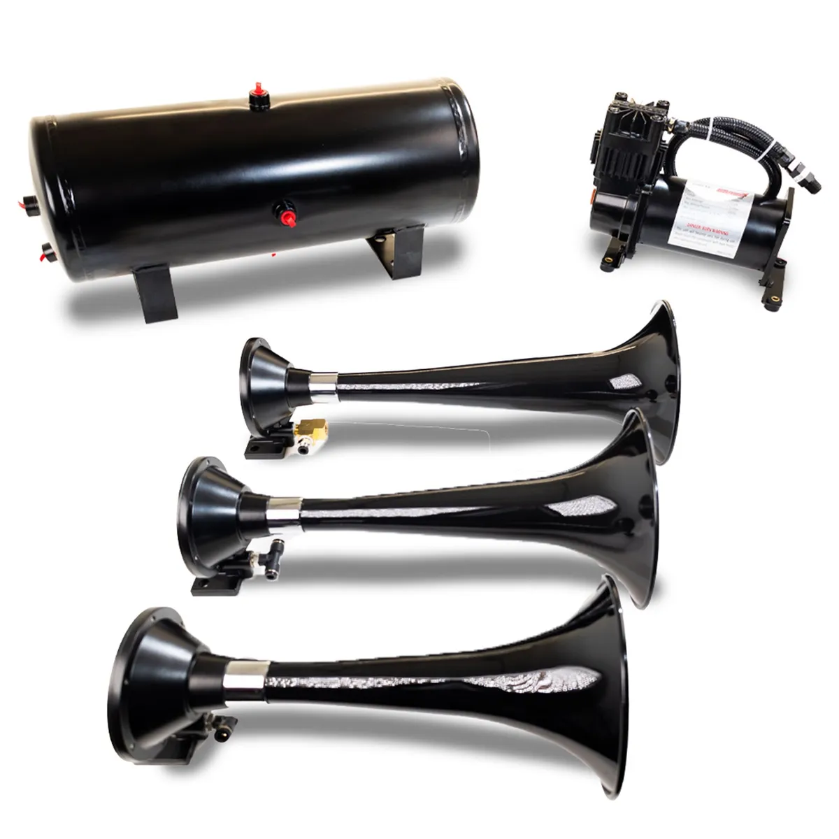 Pro Blaster™ Triple Horn Kit; Black; Includes Horns PN[230]/ 150 PSI Waterproof 100% Duty Cycle Air Compressor PN[6350RC]/ 3.0 Gallon Air Tank PN[6350RT]; product image