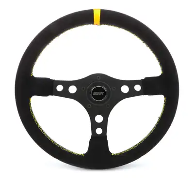 Grant Formula GT Steering Wheel; 14 in. Diameter; 3 1/2 in. Dish; Black Suede Wheel w/Yellow Center Stripe:3-Spoke Design: 5 or 3 Hole Kit;
