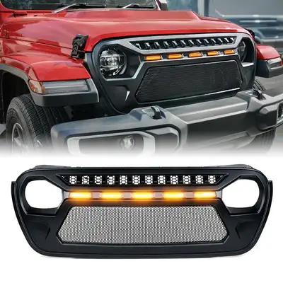 LED Factory Mart USA Only Black Gladiator Mesh Grille With Amber LED Running Lights For 2018-Later Jeep Wrangler JL And Gladiator JT