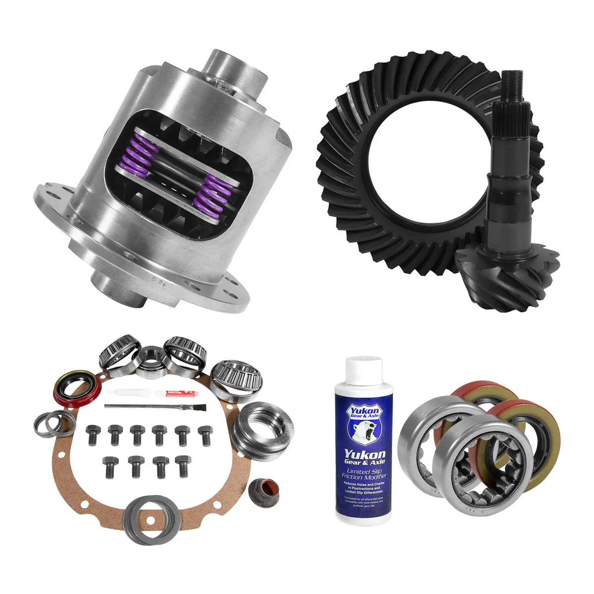 Muscle Car Limited Slip & Re-Gear Kit For Ford 8.8 30 Spline 4.11 Ratio 8.8 Ford 4.11 Rear R&P Gear/ Install Kit Package With 31 Spline Posi & Ak 1563 Axle Bearings (2.25 Inch Od) Yukon Gear product image