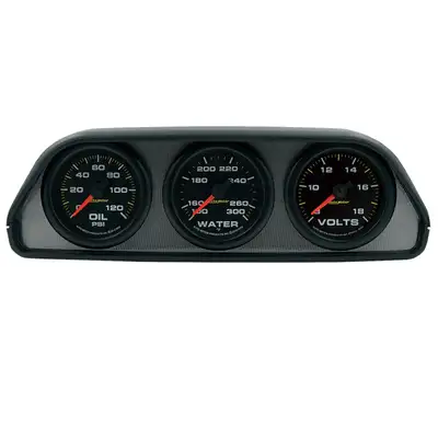 AutoMeter Gauge Kit, Dash Pod Mount, Oilp/Wtmp/Volt, 2-1/16 In., 100psi/300deg F/18v, Blk Dial, Blk Bzl, Eeg