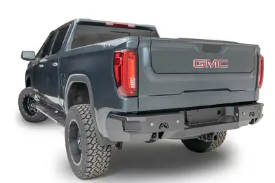 Fab Fours Premium Rear Bumper; 2 Stage Black Powder Coated; w/Blind Spot Monitor Mount;