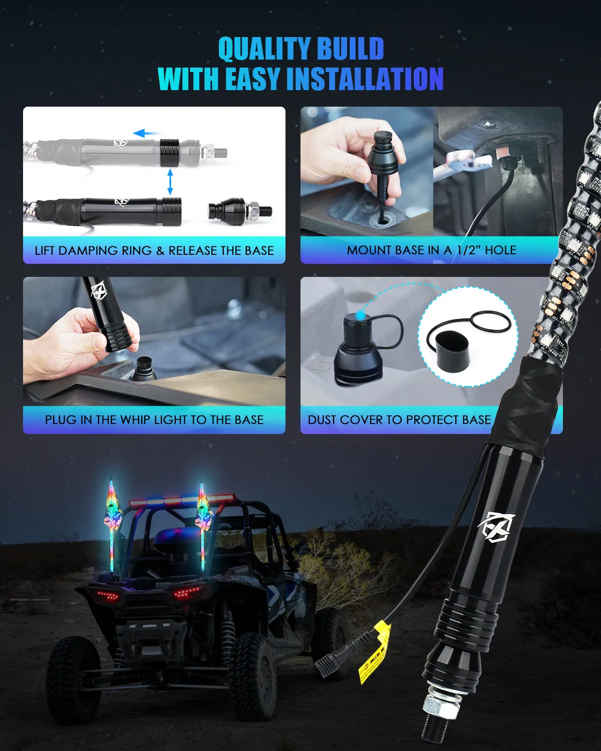Spiral RGB LED Flag Pole Whip Light with Remote Control | Monsoon Series product image
