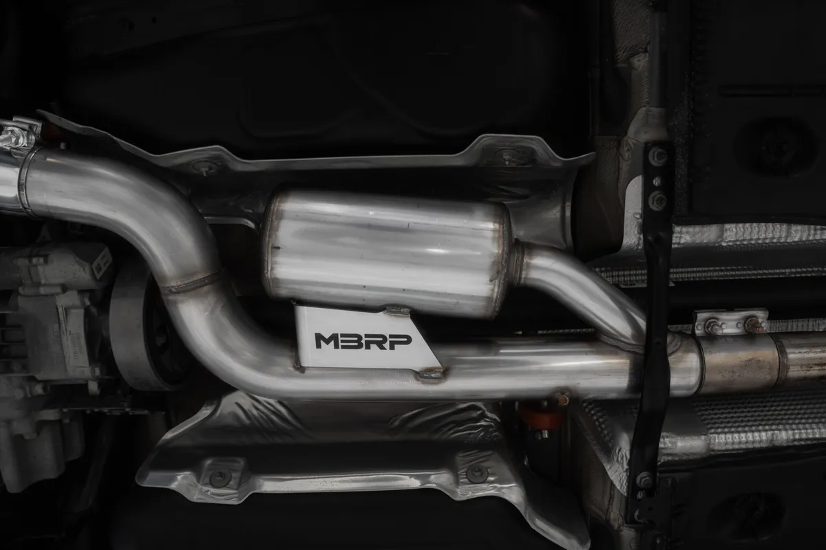 Armor Pro Cat Back Exhaust System; 3 in.; Quad Split Rear Exit; 4 in. Carbon Fiber Tips; w/Active Exhaust; 304 Stainless Steel; product image