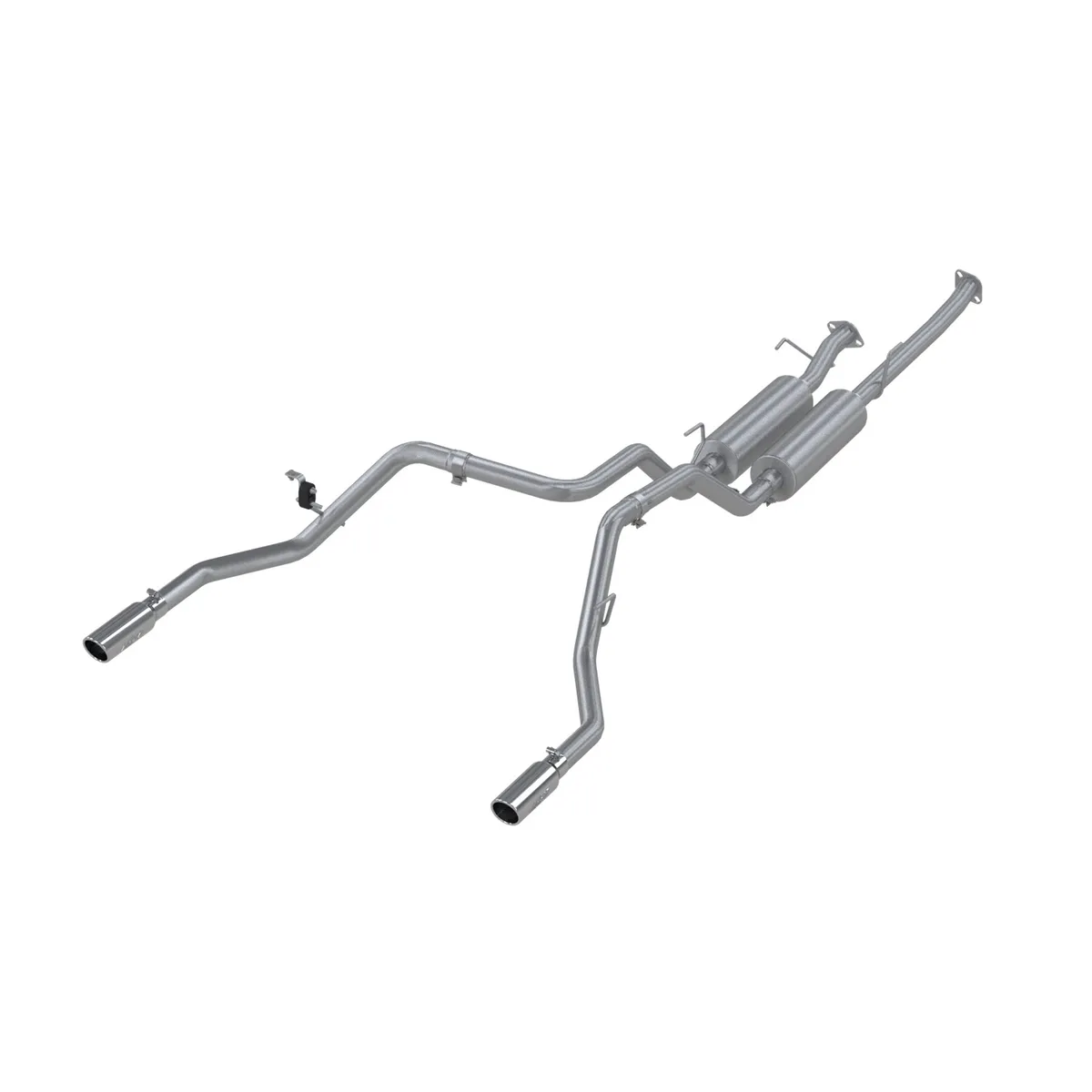 Armor Plus Cat Back Exhaust System; 2.5 in.; Incl. Front Pipes/Mufflers/Over Axle Pipes/Tailpipes/Hardware/3.5 in. OD Tips; Dual Split Rear Exit; T409 Stainless Steel; product image