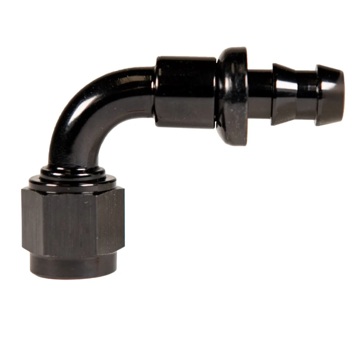 Fleece Performance -10AN 90 Degree to Hose Barb Black Anodized Fitting product image