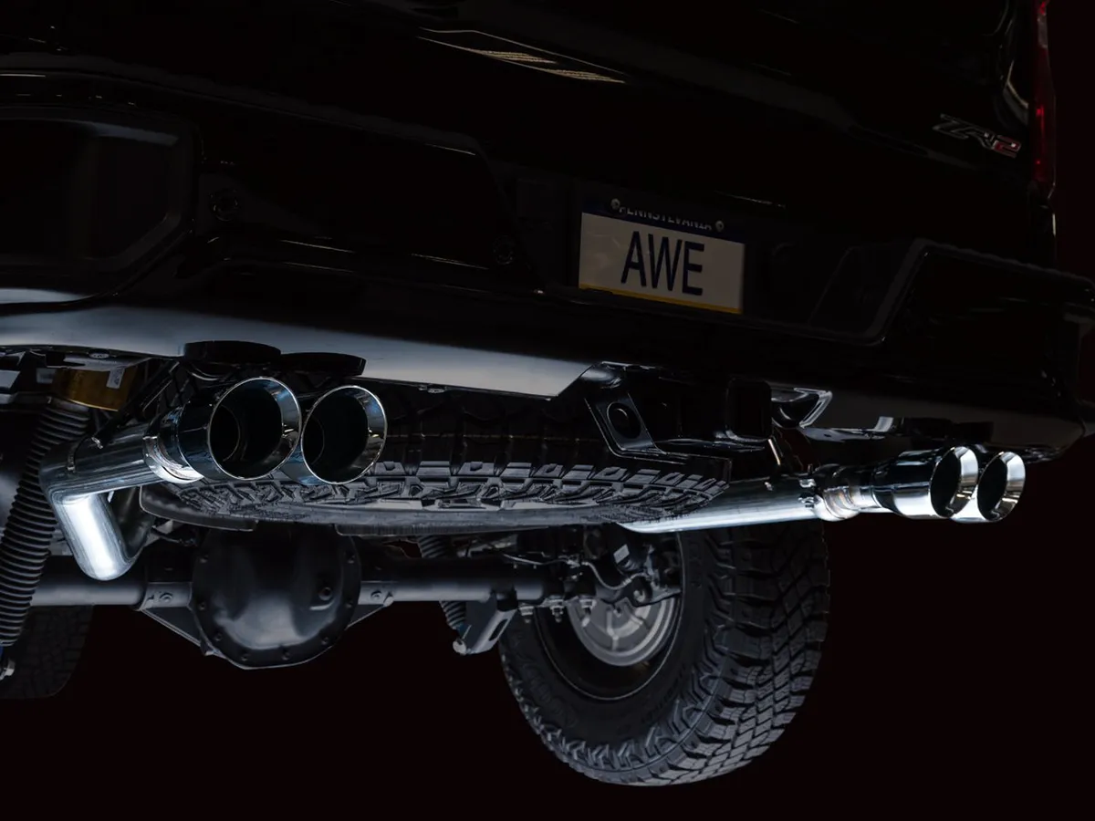 AWE 0FG Catback Exhaust for Silverado ZR2/Sierra AT4X - Dual Bashguard (no tips) product image