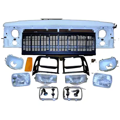 Crown Automotive Jeep Replacement 1991-1996 Cherokee XJ Black; Includes: Header Panel Headlamps Bulbs Bezels Adjusters Parking Lamps Sidemarker Lamps Grilles Headlamp Seats Headlamp Rings and all hardware