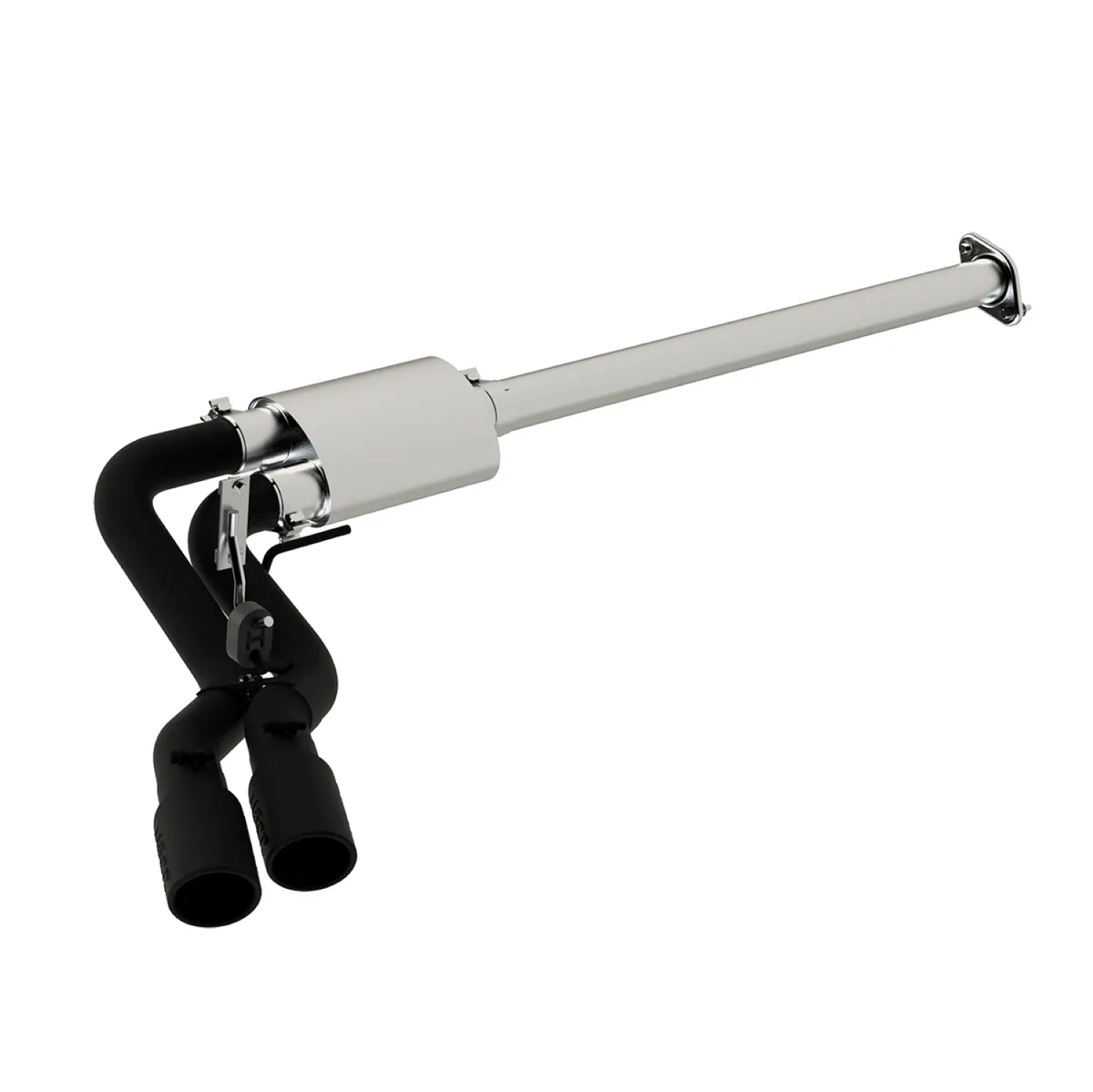 Armor BLK Cat Back Exhaust System; 3 in.; Incl. Front Pipe/Muffler/Tailpipes/Hrdw/4 in. OD Tips; Pre Axle Single Side Dual Outlet; Black Coated; Excludes Factory Dual Exhaust; product image