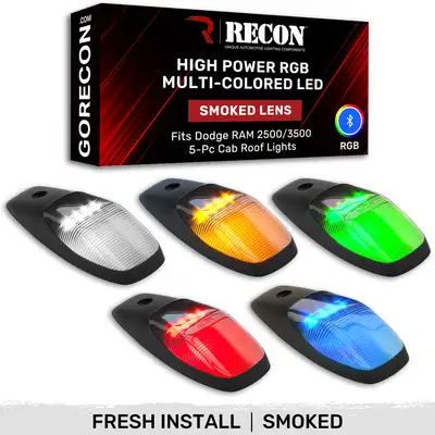 Recon Accessories Dodge 19-23 RAM Heavy-Duty 2500 3500 5-Piece Set Smoked Cab Roof Light Lens With RGB Multi-Colored High-Power LED s - Attn Cab Lights Are User Controlled by Bluetooth Using App Thru Mobile Phone Tablet - Attn This Cab Light Set is For a Fresh in