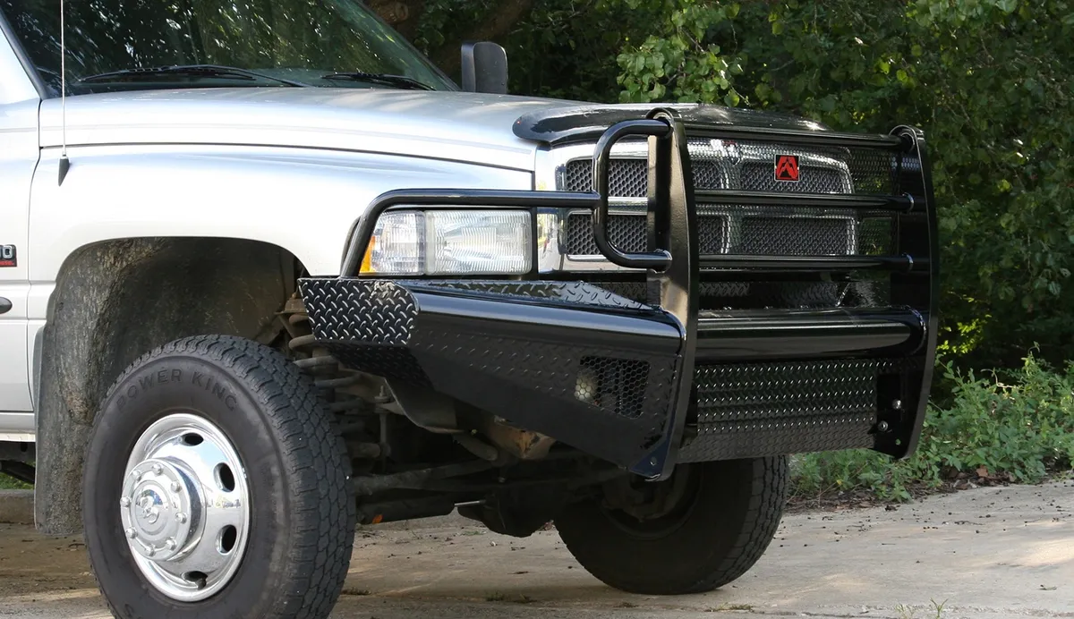 Black Steel Front Ranch Bumper; 2 Stage Black Powder Coated; w/Full Grill Guard; Incl. Light Cut-Outs; product image
