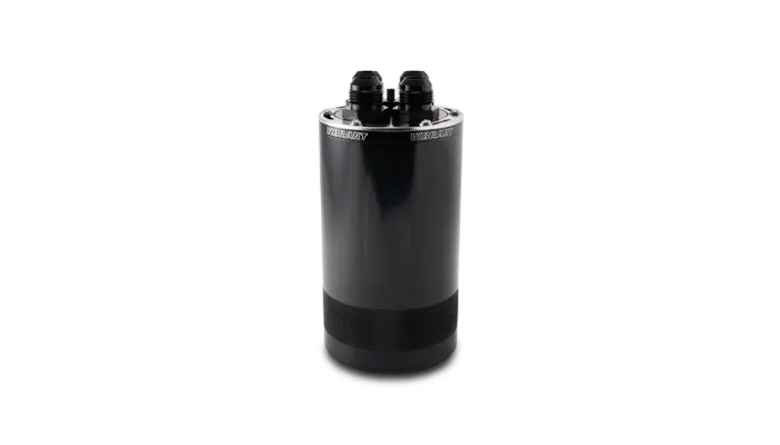 Oil Catch Can Assembly; Medium [1.5L]; 4.43 in. Outer Diameter; 8.25 in. Height; 6061 Aluminum; Black Anodized; 4 Port Model; product image