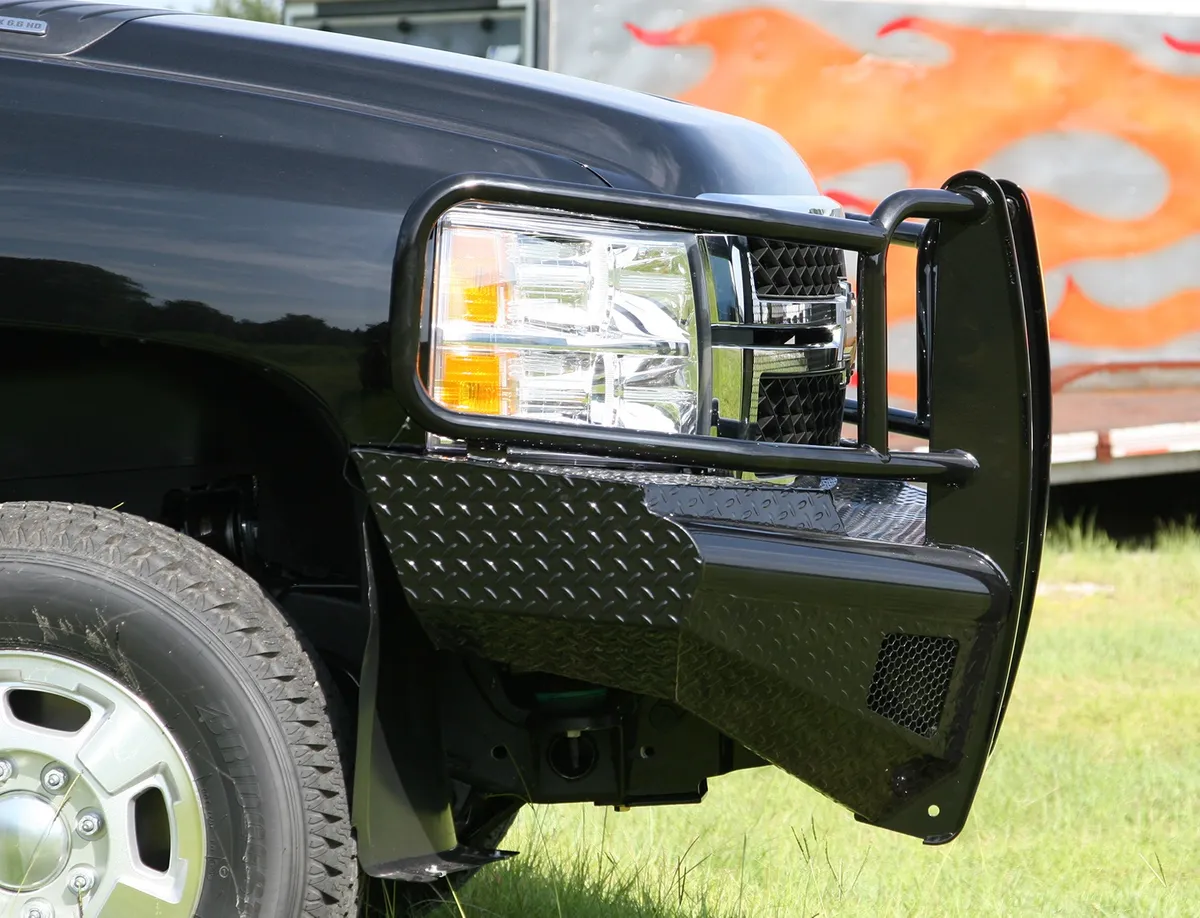 Black Steel Front Ranch Bumper; 2 Stage Black Powder Coated; w/Full Grill Guard; Incl. Light Cut-Outs; product image