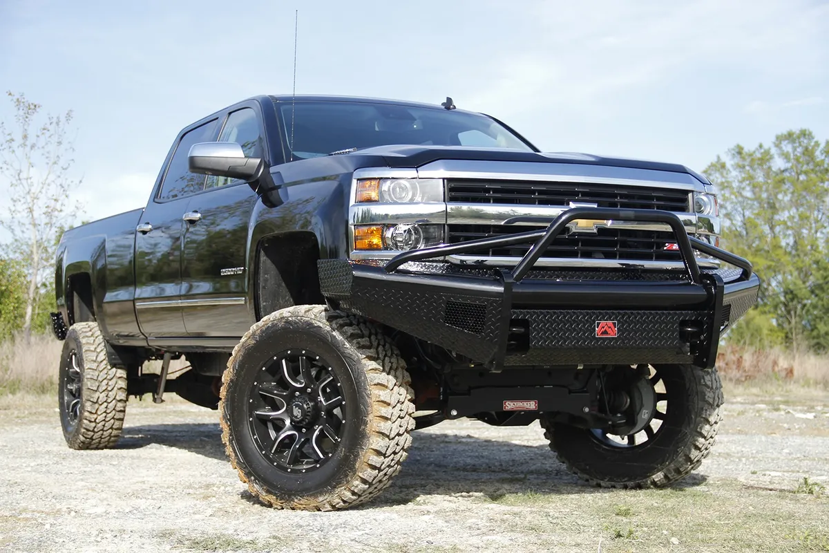 Black Steel Front Ranch Bumper; 2 Stage Black Powder Coated; w/Pre-Runner Grill Guard; Incl. Light Cut-Outs; product image