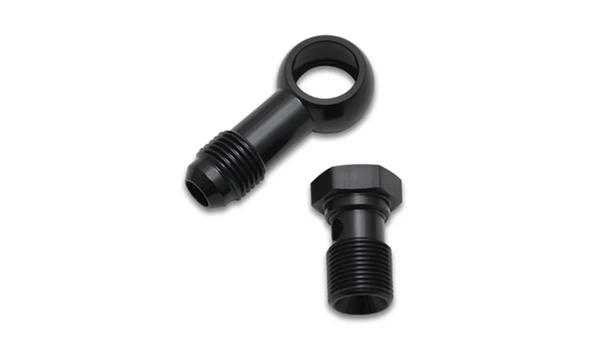 Banjo Hose End Fitting Assembly; -6AN Banjo Size; 7/16-20 Imperial Bolt Size; 6061 Aluminum; Black Anodized; Single Male; product image