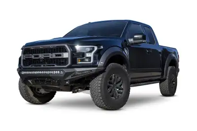Addictive Desert Designs Ford Raptor 2017 - up Stealth Fighter Front Bumper with 10 dually mountsuniversal plate on top and 10 SR mounts on outer with D-ring Clevis Mounts and intercooler vents in Hammer Black with Satin Black panels
