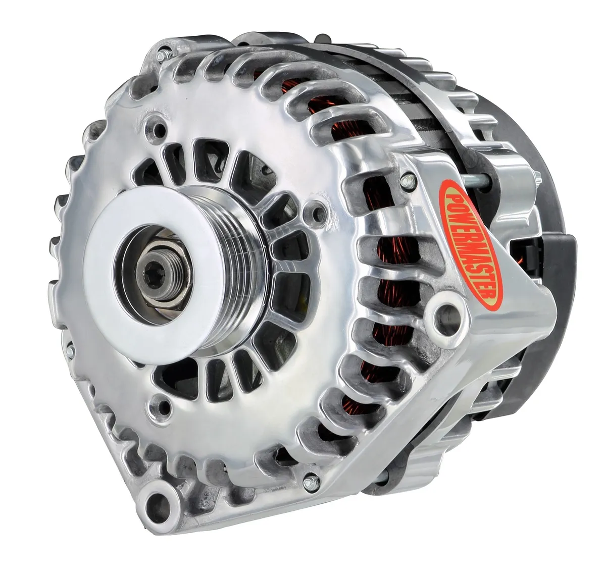Power Master Alternator; AD244; Offset 2 in. Spools; 180 AMP; 135 Idle; w/2 Pin Voltage Regulator; OE Only; Polished;
