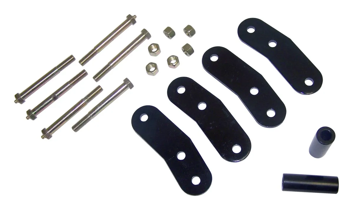 1976-1983 CJ-5 (Rear Only);1976-1986 CJ-7 (Rear Only);1981-1986 CJ-8 (Rear Only);1987-1995 YJ Wrangler (Front or Rear);Shackle Kit Less Bushings; Provides 3/4" of Lift; 5-1/2" From Bolt Hole To Bolt Hole;Includes 4 Plates and Hardware product image