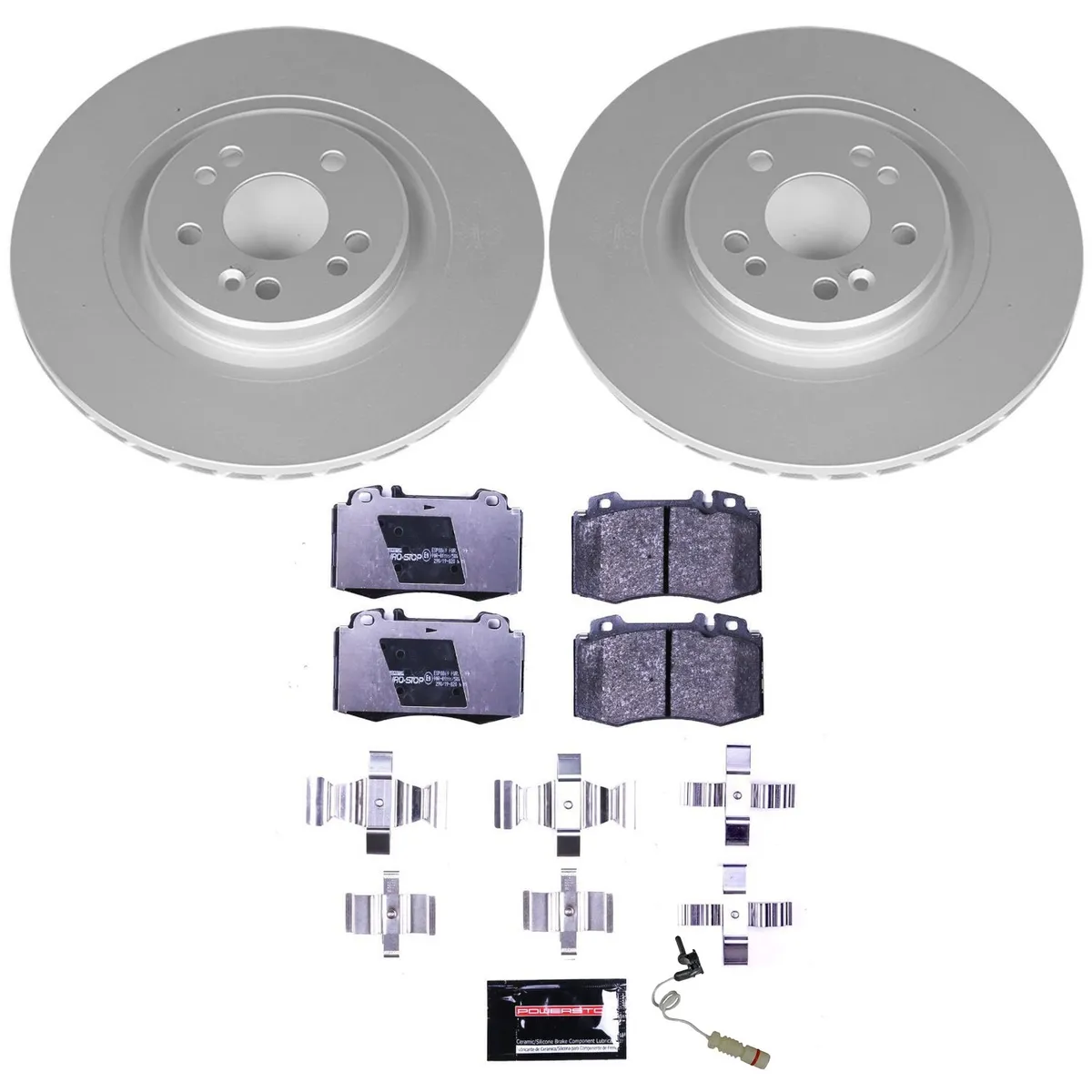 Euro-Stop Kit: Genuine Geomet Fully Coated Rotors; Ece-R90 Certified Pads W/Hardware; Pad Sensors product image