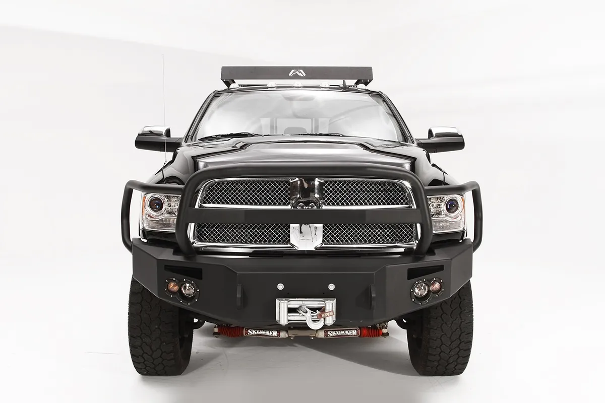 Premium Heavy Duty Winch Front Bumper; 2 Stage Black Powder Coated; w/Full Grill Guard; Incl. Winch Mt./1in. D-Ring Mt./Light Cut-Outs w/Fab Four 90mm Fog Lamps/60mm Turn Signals; product image