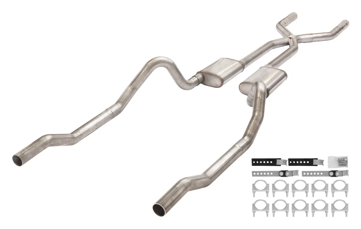 1966-1974 Mopar B-Body 3 Inch Crossmember Back Exhaust System With X-Pipe 409 Stainless With Race Pro Mufflers SMB13R product image