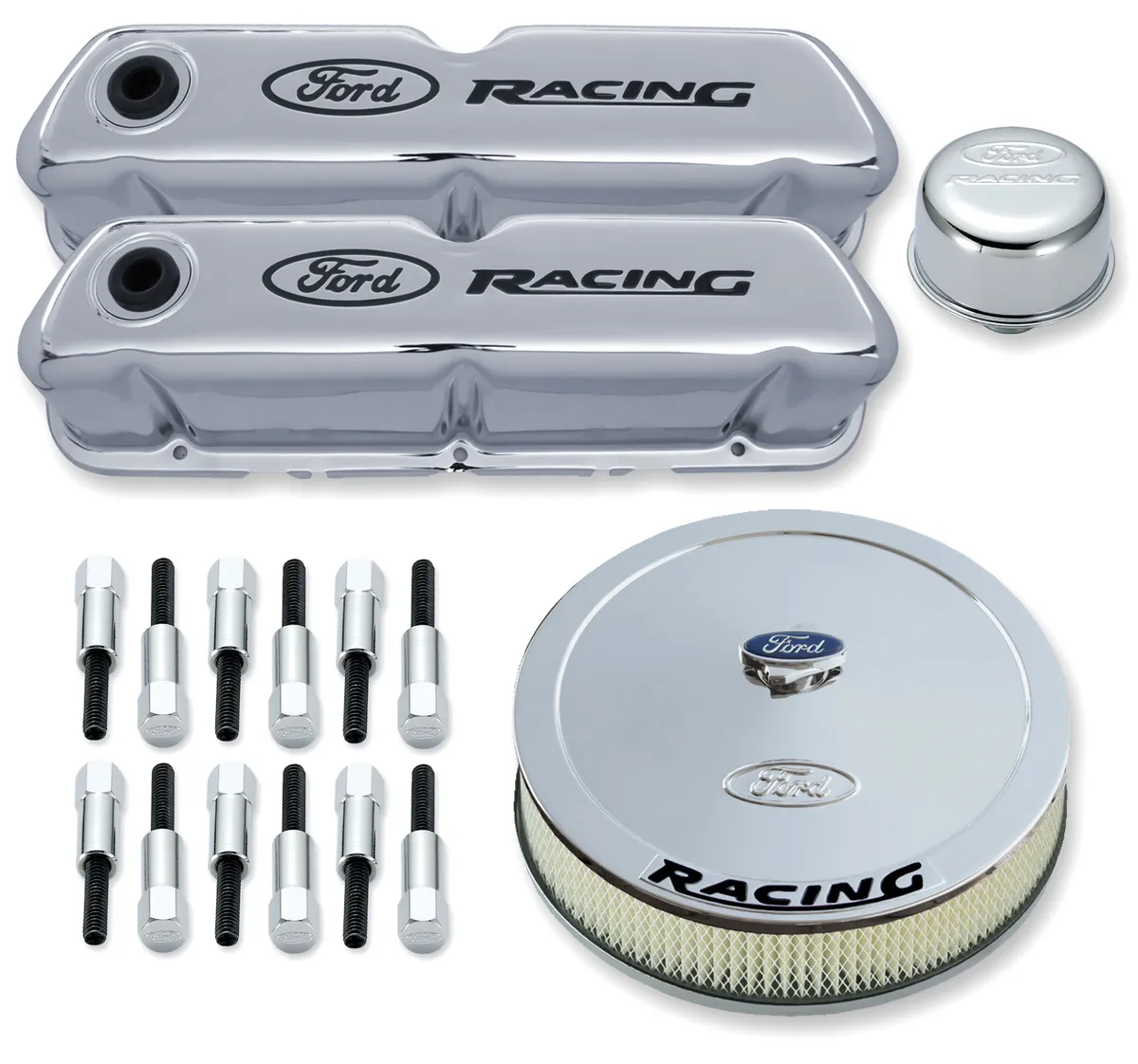Engine Dress-Up Kit Chrome w/Black Ford Racing Logo Fits SB Ford Engines Stock Chrome Ford Racing product image