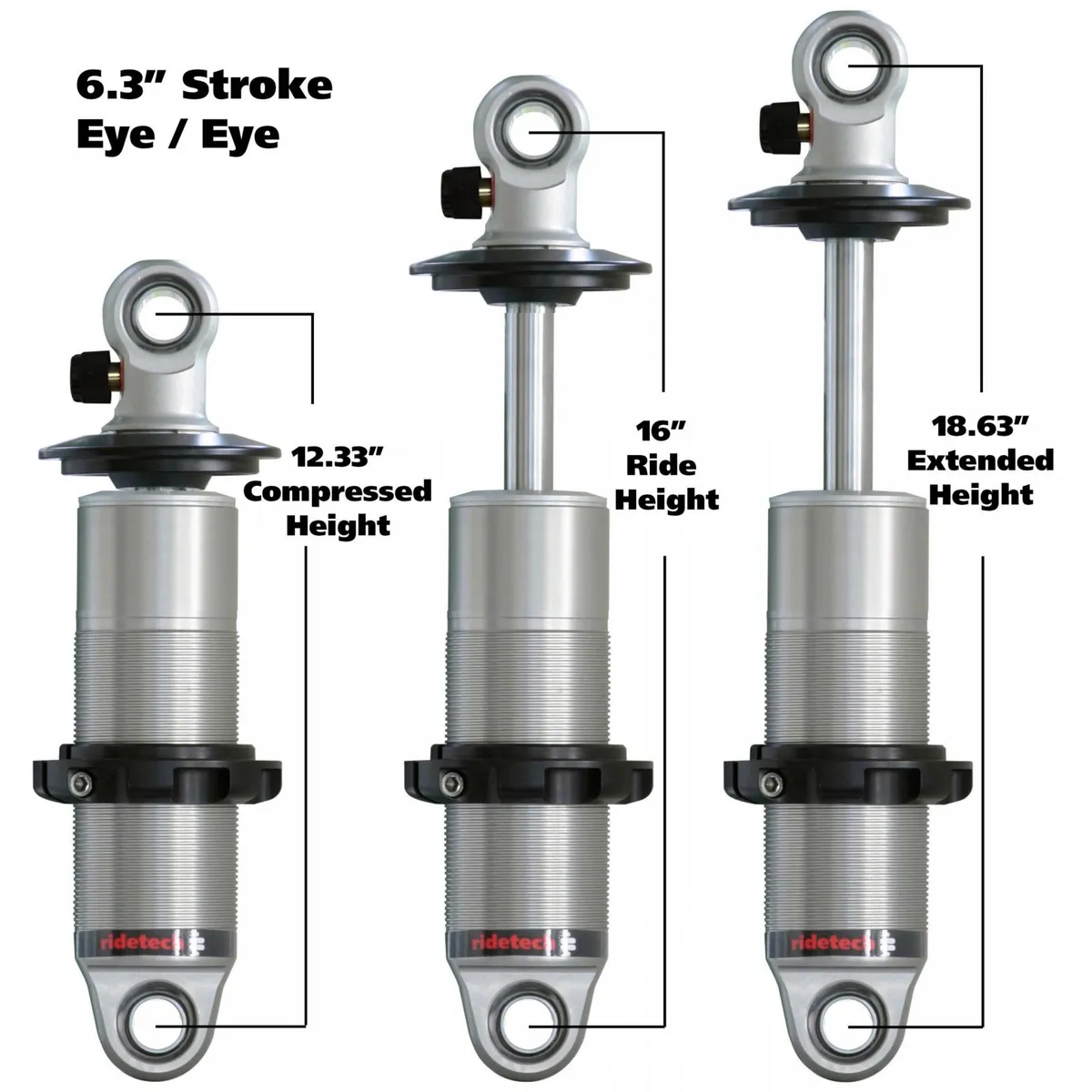 HQ Coil-Over Shock W/ 6.3 Inch Stroke And 1.7 Inch Eye Mount Universal 1 Rebound Adjustable Shockspring Mounts Delrin Spring Washers And Bearing Spacers 1/2 Inch And 5/8 Inch 12.3 Inch X 18.6 Inch W/ A 15.25 -16 Inch Ride Height Ridetech product image