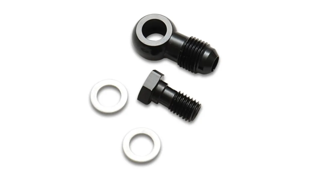 Banjo Hose End Fitting Assembly; -8AN Banjo Size; M12x1.25 Metric Bolt Size; 6061 Aluminum; Black Anodized; Single Male; product image