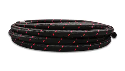 Vibrant Performance Nylon Braided Flex Hose; -10AN; 0.5625 in. Hose ID; 0.828 in. Hose OD; 500 PSI Operating Pressure; 2000 PSI BP; 5ft. Roll; Black/Red;