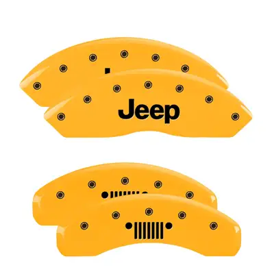 MGP Caliper Covers Set Of 4 Caliper Covers Engraved Front Jeep Engraved Rear Jeep Grill Logo Yellow Finish Black Characters 2018-2024 Jeep Wrangler JL BRY brake code MGP Caliper Covers