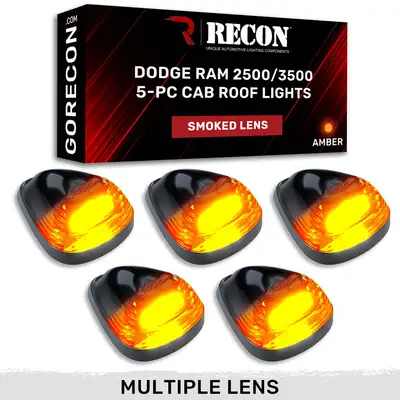 Recon Accessories Dodge 94-98 5-Piece Set Smoked Cab Roof Light Lens with Amber 194 Bulbs - Complete Kit With Wiring and Hardware