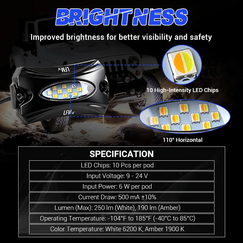 High-Bright Waterproof LED Rock Lights Kit White & Amber Switchback product image