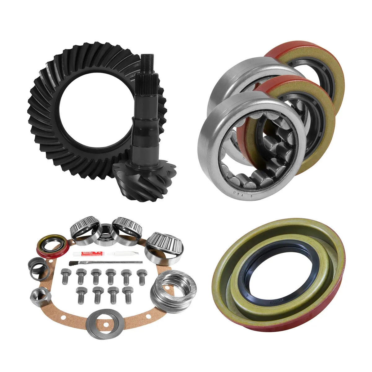 7.5 Inch /7.625 Inch GM 3.23 Rear Ring & Pinion Install Kit 2.25 Inch OD Axle Bearings 7.5 Inch / 7.625 Inch GM 3.23 Rear R&P Gear/ Install Kit Package With Ak 1563 Axle Bearings (2.25 Inch Od) '82& Up Yukon Gear product image