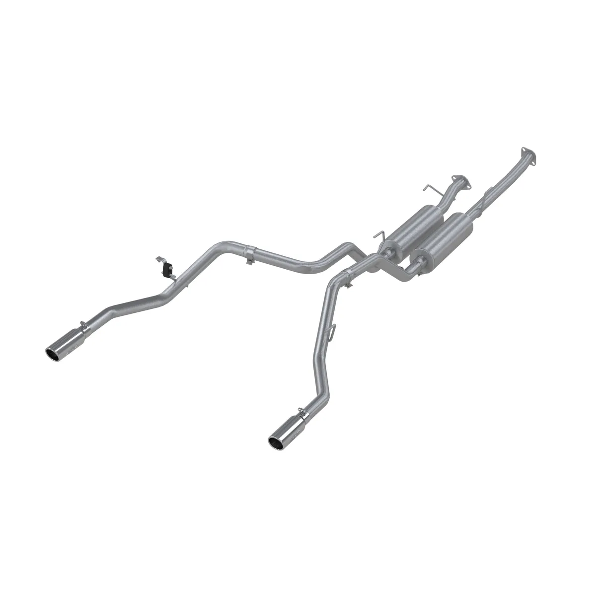 Armor Plus Cat Back Exhaust System; 2.5 in.; Incl. Front Pipes/Mufflers/Over Axle Pipes/Tailpipes/Hardware/3.5 in. OD Tips; Dual Split Rear Exit; T409 Stainless Steel; product image