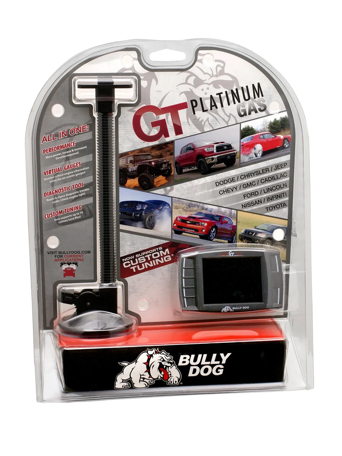 GT: tuner; gauge; and monitor all-in-one. Transform the performance of your engine with this GT offering the widest application coverage of any Bully Dog product before product image
