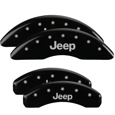 MGP Caliper Covers Set Of 4 Caliper Covers Engraved Front And Rear Jeep Black Finish Silver Characters 2021-2024 Jeep Grand Cherokee 18 inches