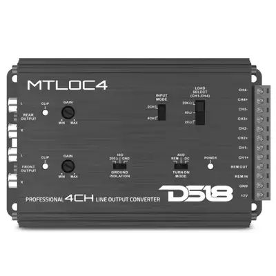 DS18 4-Channel | Speaker Emulator | Remote Out | Level Matching Controls | LED Clip Indicator | Load Selector | Input Mode Selector | Ground Insolation