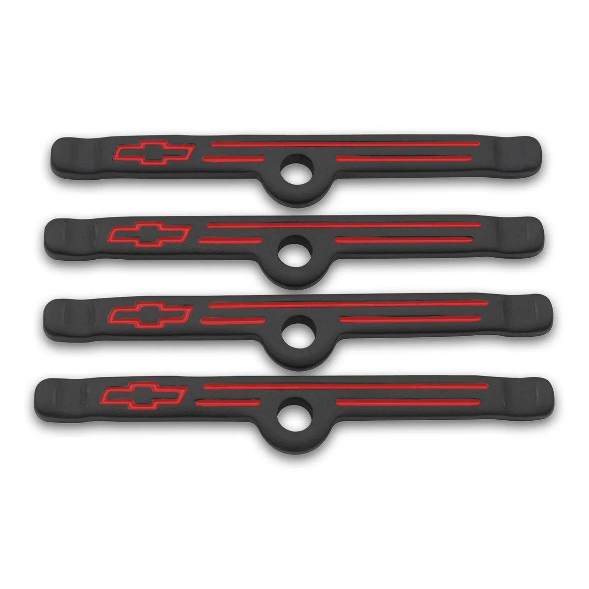 Engine Valve Cover Holdown Clamps Black Crinkle w/Bowtie Logo SB Chevy 4 Pcs Red Lines & Bowties Chevrolet Performance Parts product image